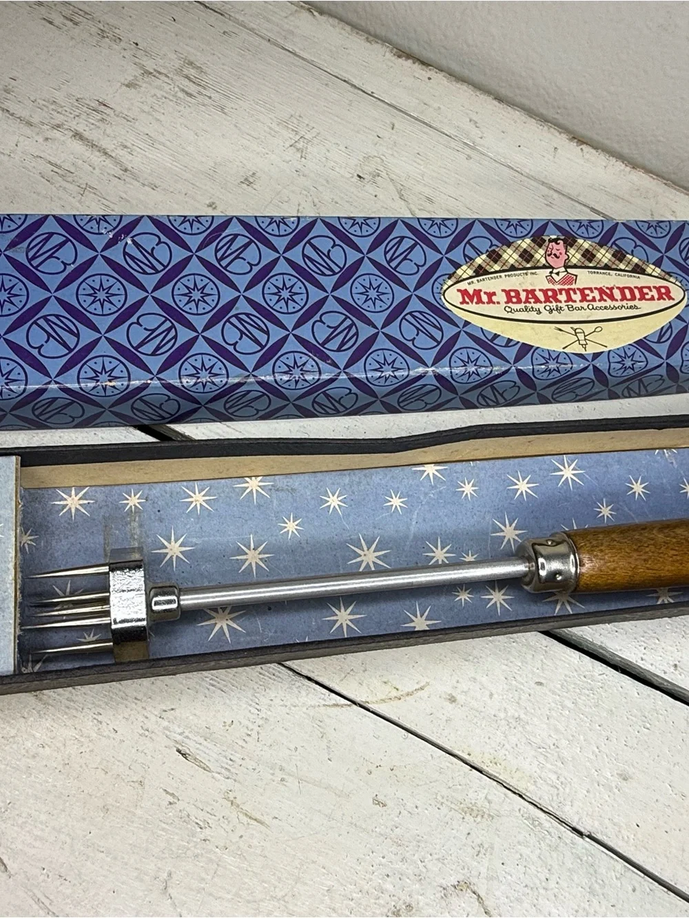Vtg Mr. Chips Ice Chipper Bottle Opener, Wood Handle IOB Mr. Bartender LA Cali